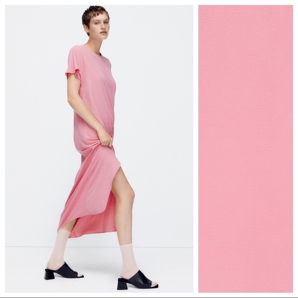 NWT. Zara Pink Asymmetric Draped Midi Dress. Size L. - Picture 6 of 14